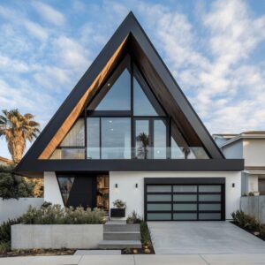 Modern A-Frame house design with glass facade.
