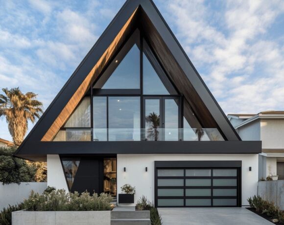 Modern A-Frame house design with glass facade.