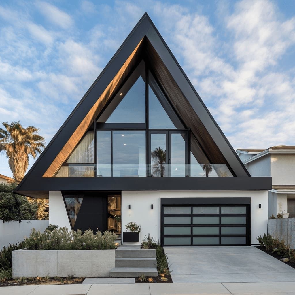 Modern A-Frame house design with glass facade.