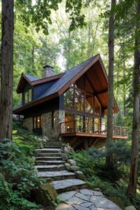 Luxury exterior of a modern rustic cabin with a stone facade and forest views.