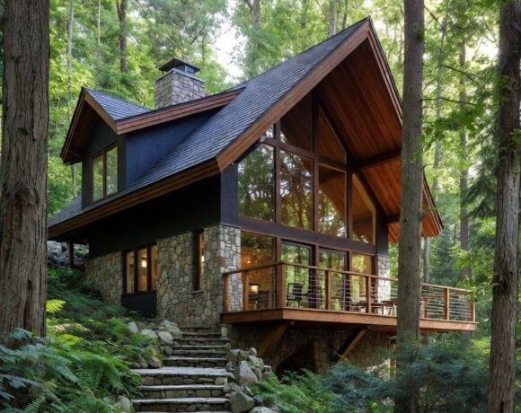 Luxury exterior of a modern rustic cabin with a stone facade and forest views.