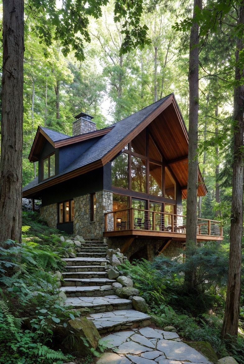 Luxury exterior of a modern rustic cabin with a stone facade and forest views.