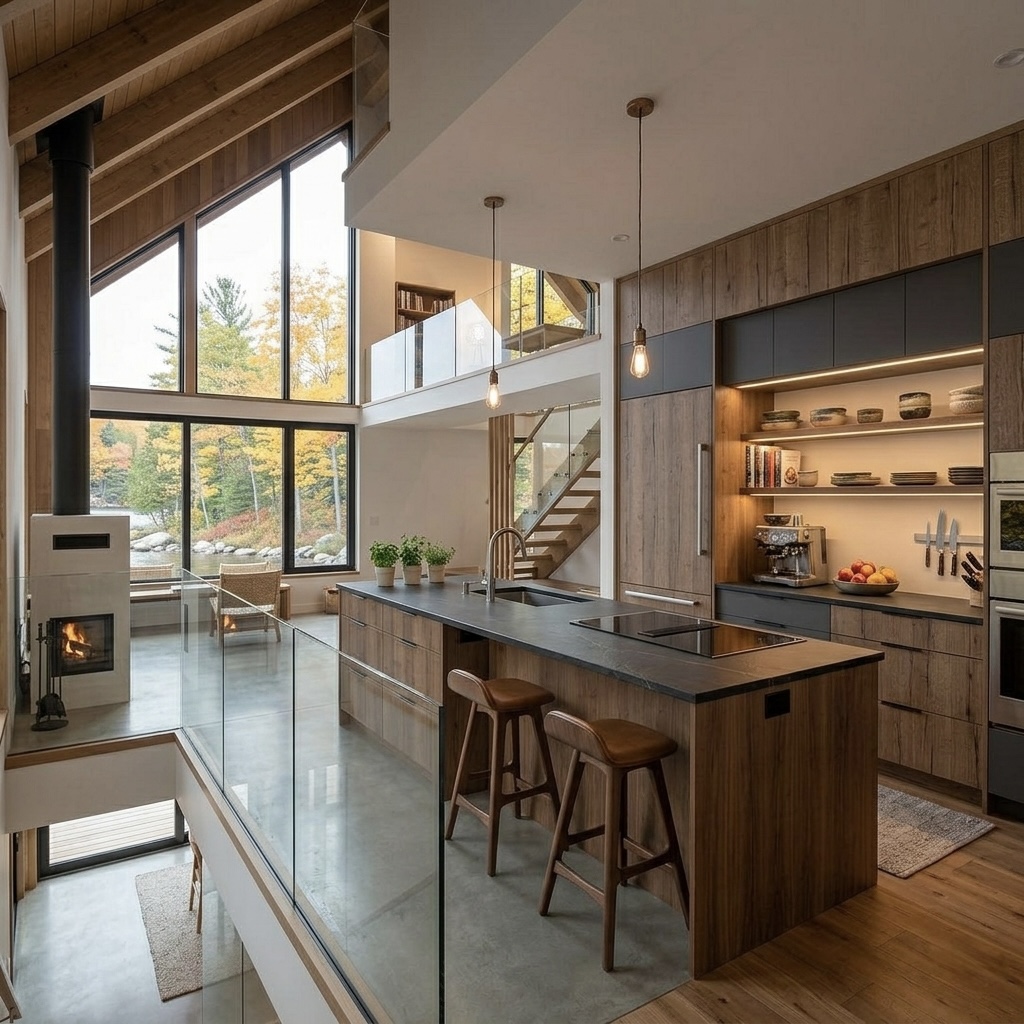 Kitchen area of modern lakeside retreat design