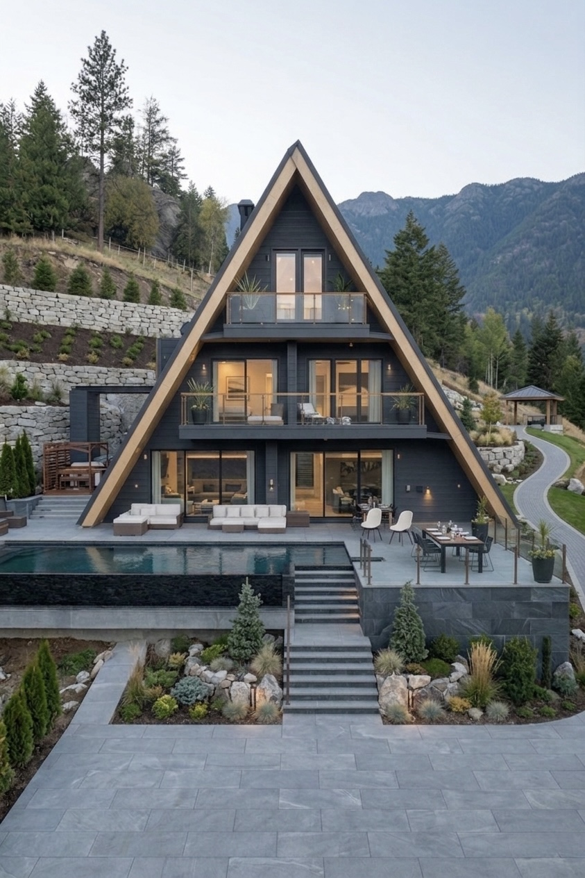 Exterior of an upscale A-frame mountain villa with infinity pool