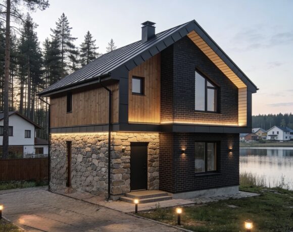 Modern lakeside retreat design interior.