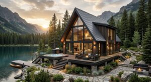 Luxury cabin interior design with a beautiful lake view⁠