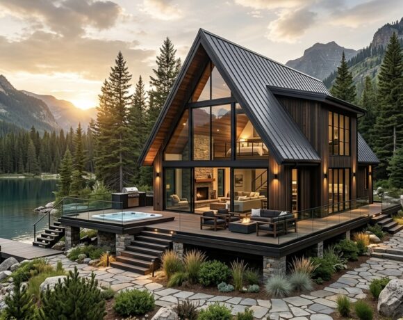 Luxury cabin interior design with a beautiful lake view⁠